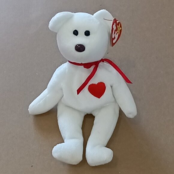 Beanie Baby Valentino white teddy bear with red heart LIKE NEW - Picture 1 of 12